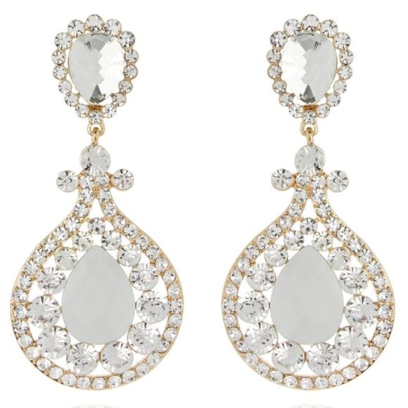 Yellow Gold with White Diamond Austrian Crystal Chandelier Clip On Earrings